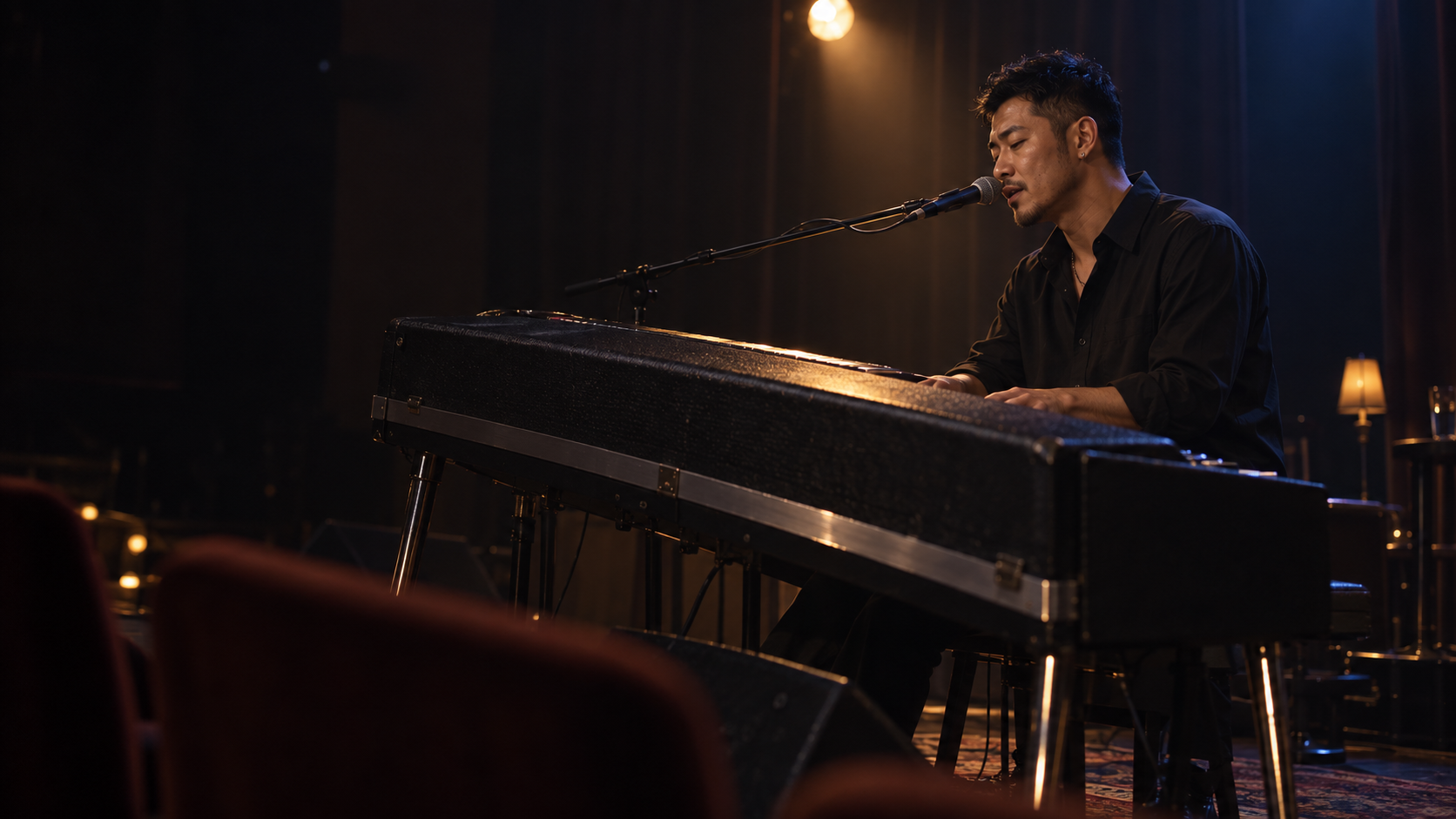 柔らかな照明の小劇場でローズピアノを弾きながら歌うDY Rhodes