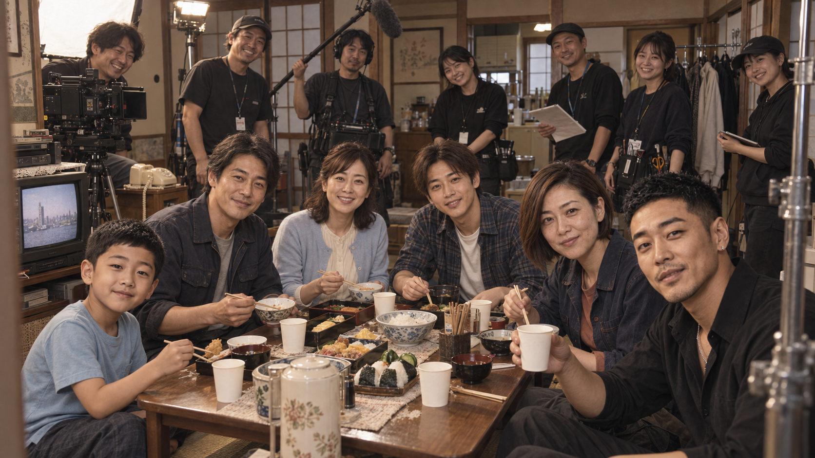 走馬灯の撮影セットで食卓を囲むDY Rhodesとキャスト、制作スタッフの記念写真