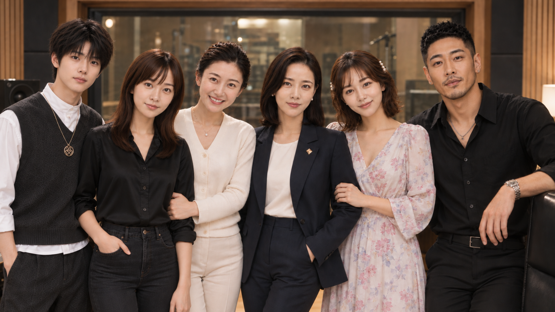 NINE ENTERTAINMENTのレコーディングスタジオで、統括室長イ・セリンとYUSHIN、RIO、HINA、Marina KIM、DY Rhodesが共に過ごす様子